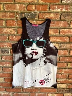 Betsey Johnson Black White Tank with Teal Sunglasses and Red Lip Print